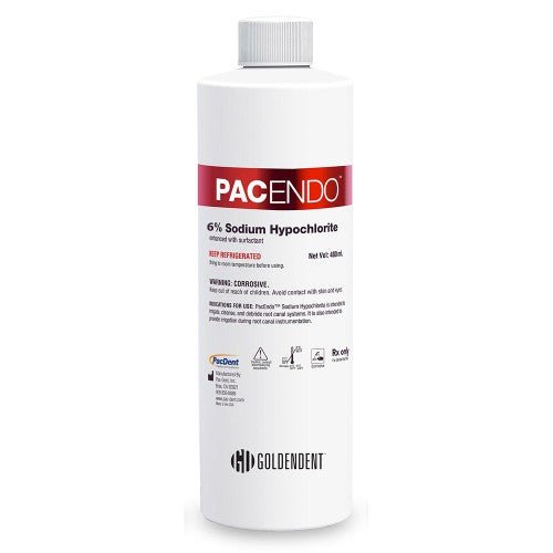 6% Sodium Hypochlorite Refill Bottle, 480 ml/16 oz with 1 x Luer-Lock Dispensing Cap - PacDent - GoldenDent